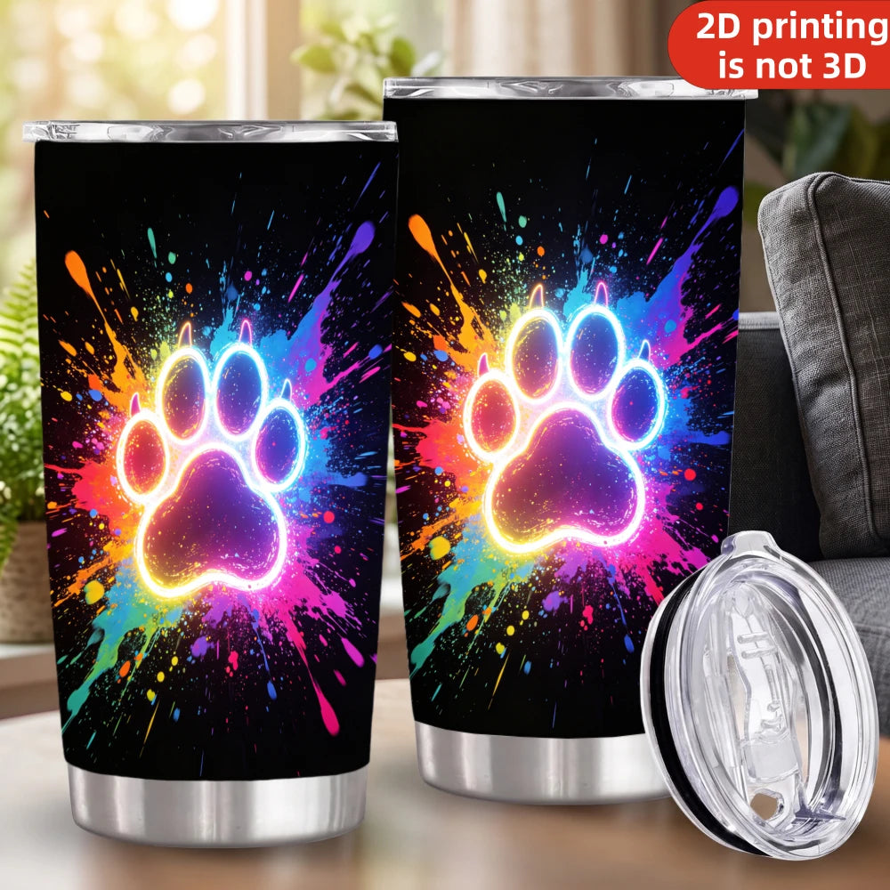20oz Neon Glowing Paw Print Printed Stainless Steel Tumbler with Lid and Straw, Colorful Paint Splatter Dog Cat Paw Pet Lover .
