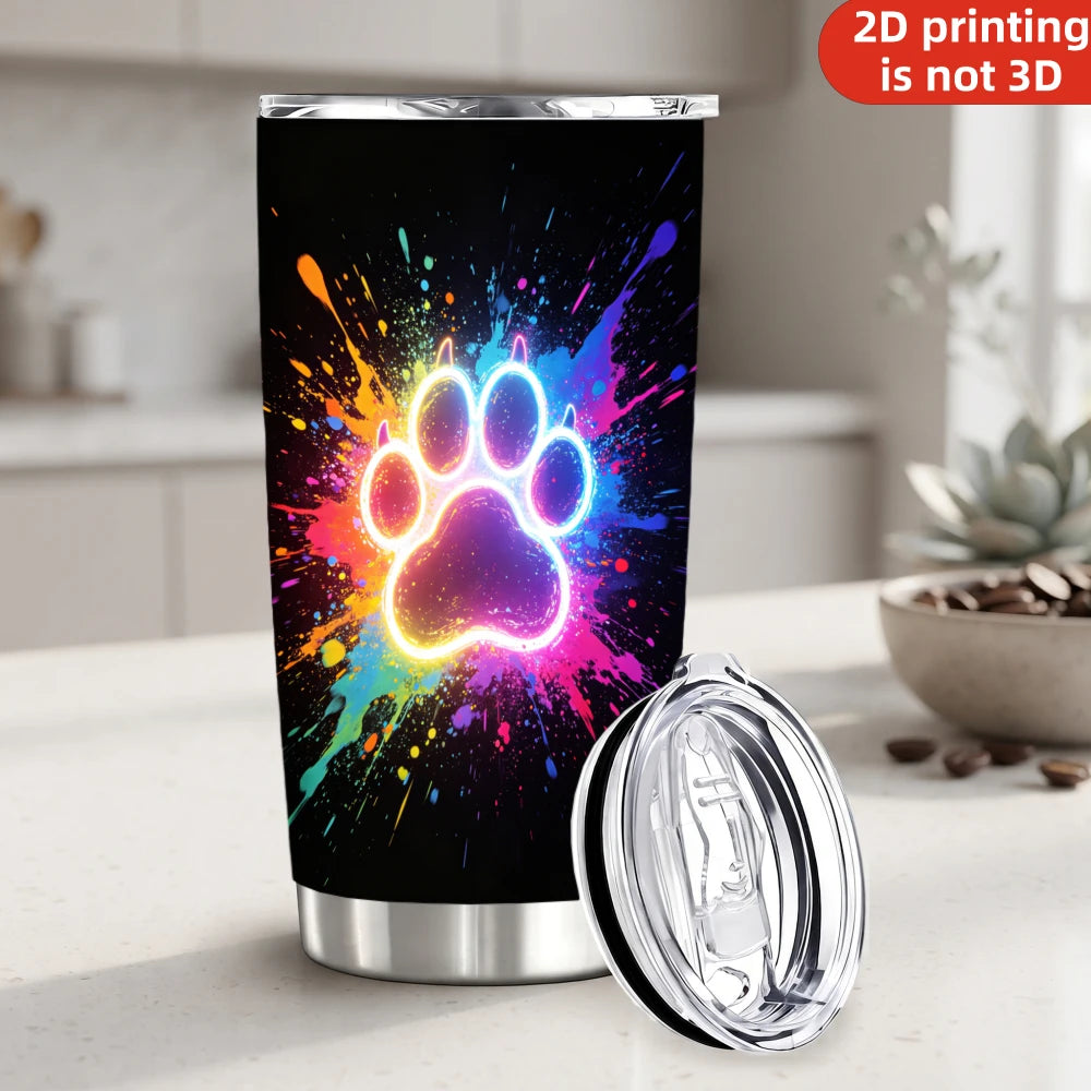 20oz Neon Glowing Paw Print Printed Stainless Steel Tumbler with Lid and Straw, Colorful Paint Splatter Dog Cat Paw Pet Lover .