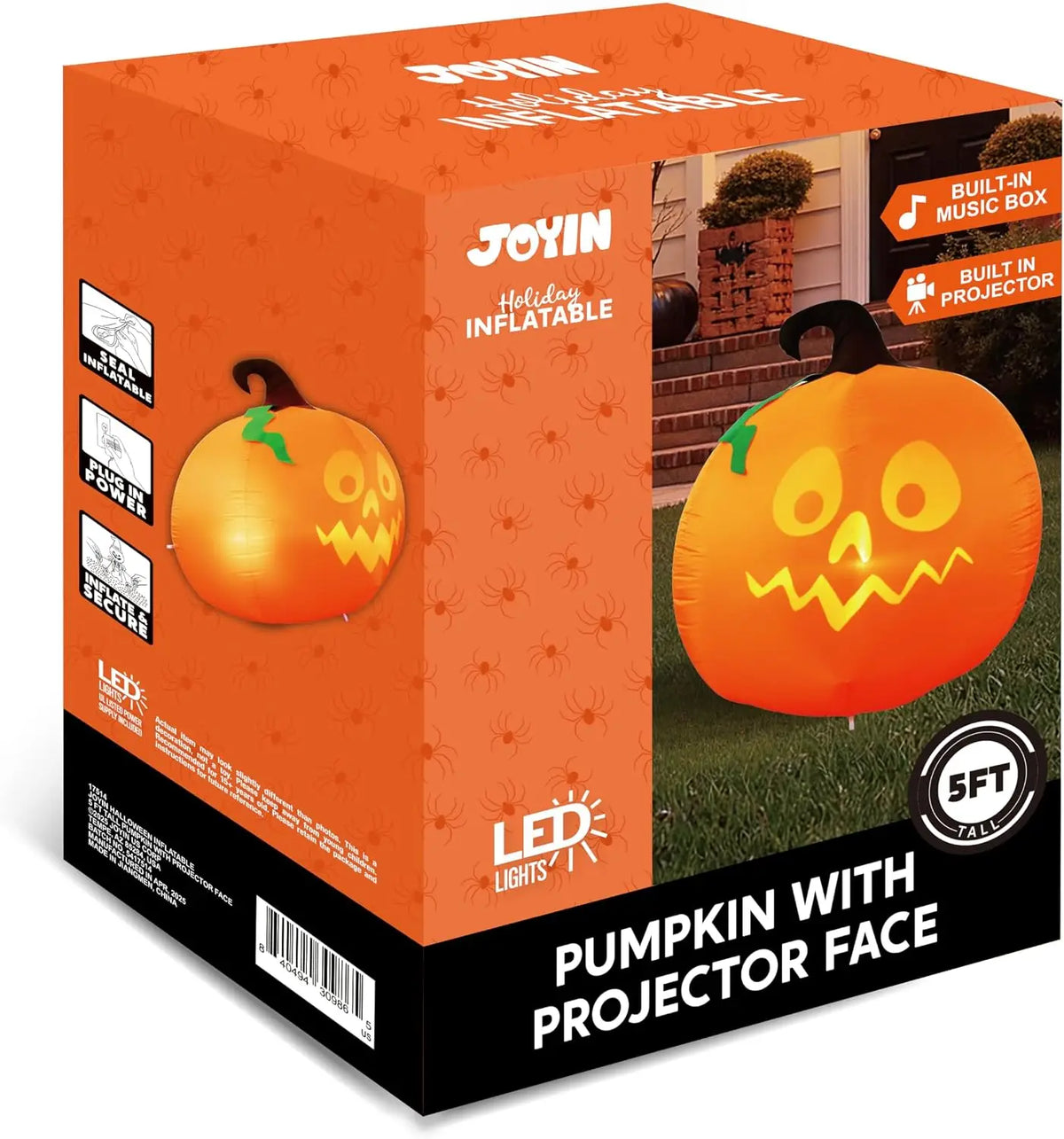 5 Ft Tall Pumpkin with Projector Face and Music Halloween Inflatable Pumpkin Outdoor Decoration Blow Up Yard Decorations with LEDs.