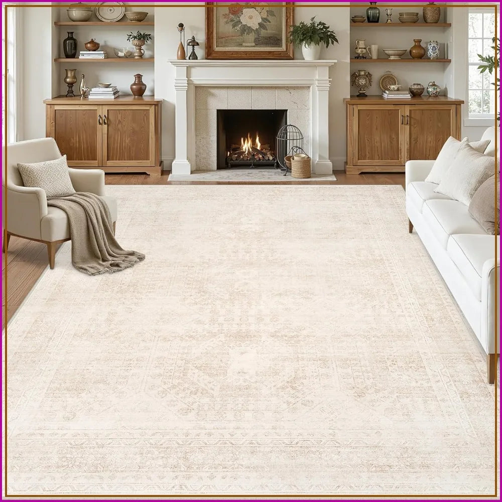 Vintage Boho 8x10 Area Rug - Soft Washable Low Pile. Non-Slip