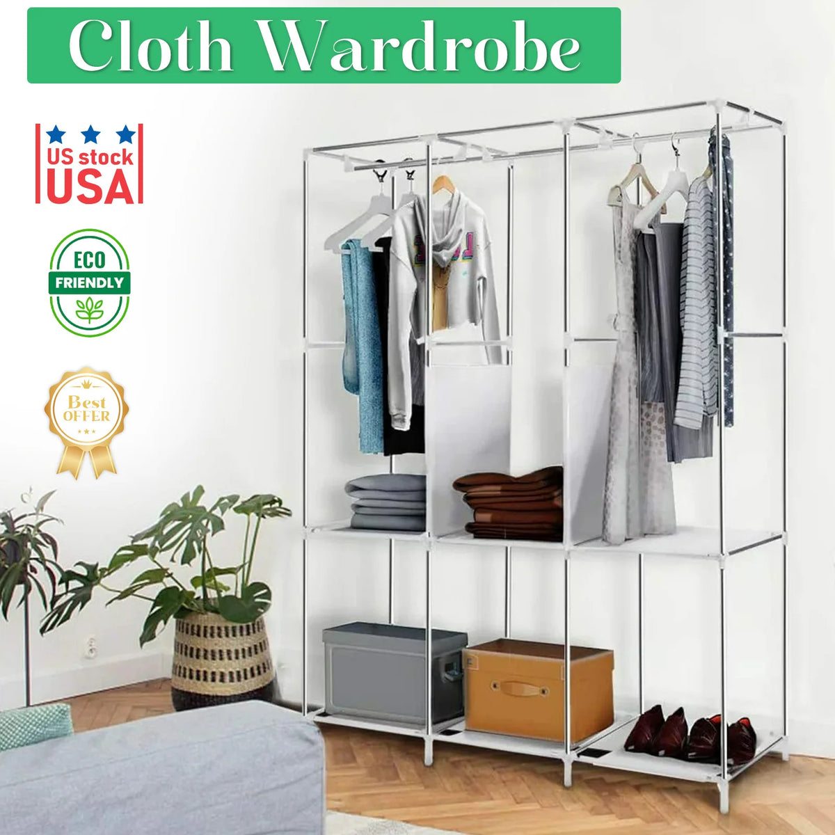 Closet Wardrobe Organizer Storage Rack Portable Clothes Shoe Clothing Shelf Dustproof Non-woven Fabric.