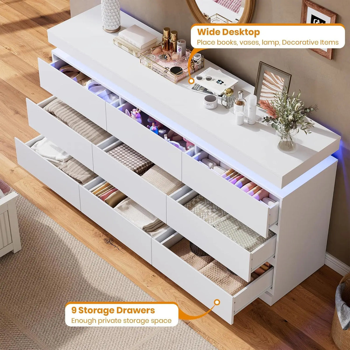 63in 9 Drawer Dresser With LED Lights & Charging Station, .