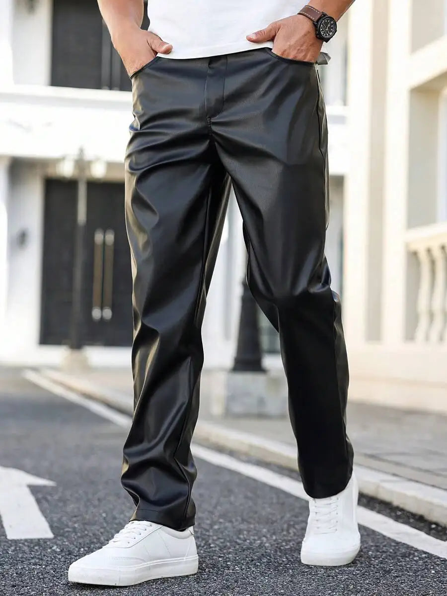 Manfinity Homme Men's Solid Front Button Pocket Casual Leather Pants,.