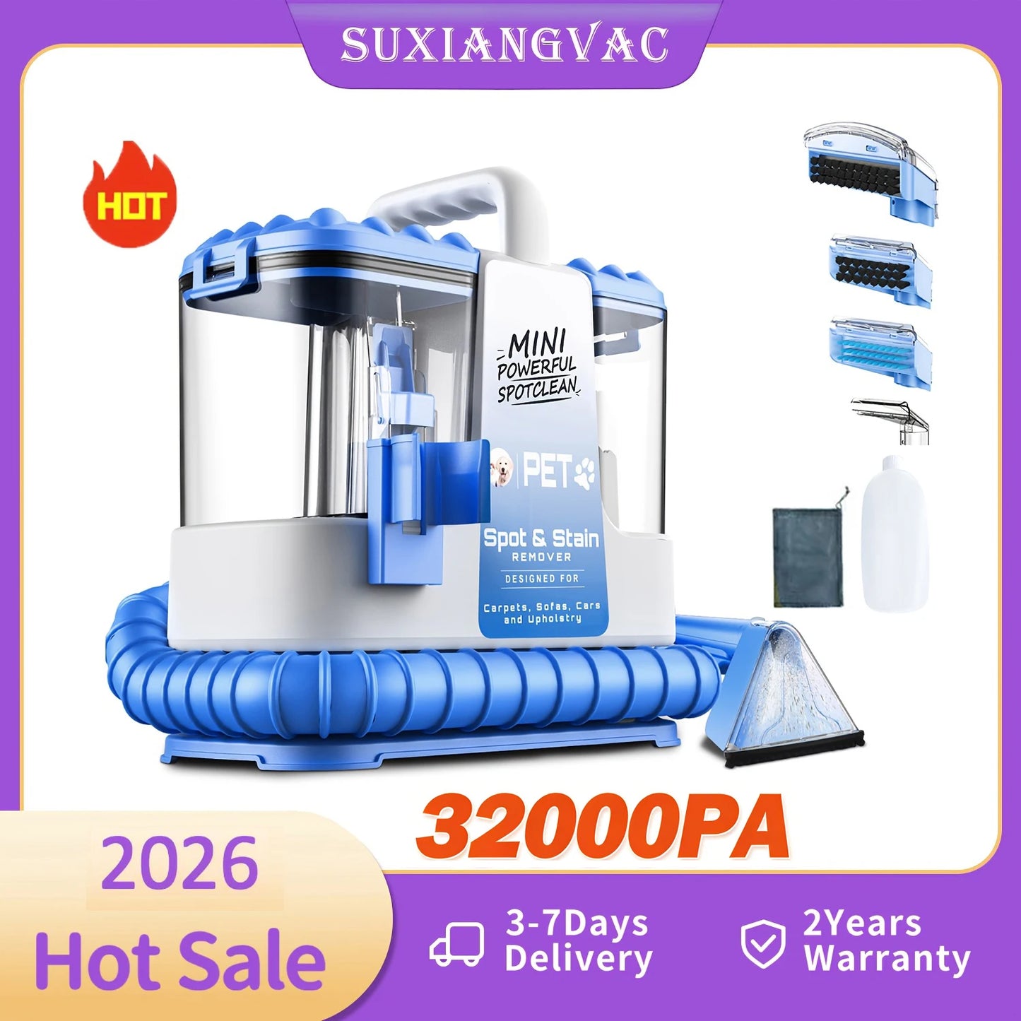 Carpet + Upholstery Cleaner Machine, 32Kpa Powerful Suction w/ 5 Cleaning Tools,.