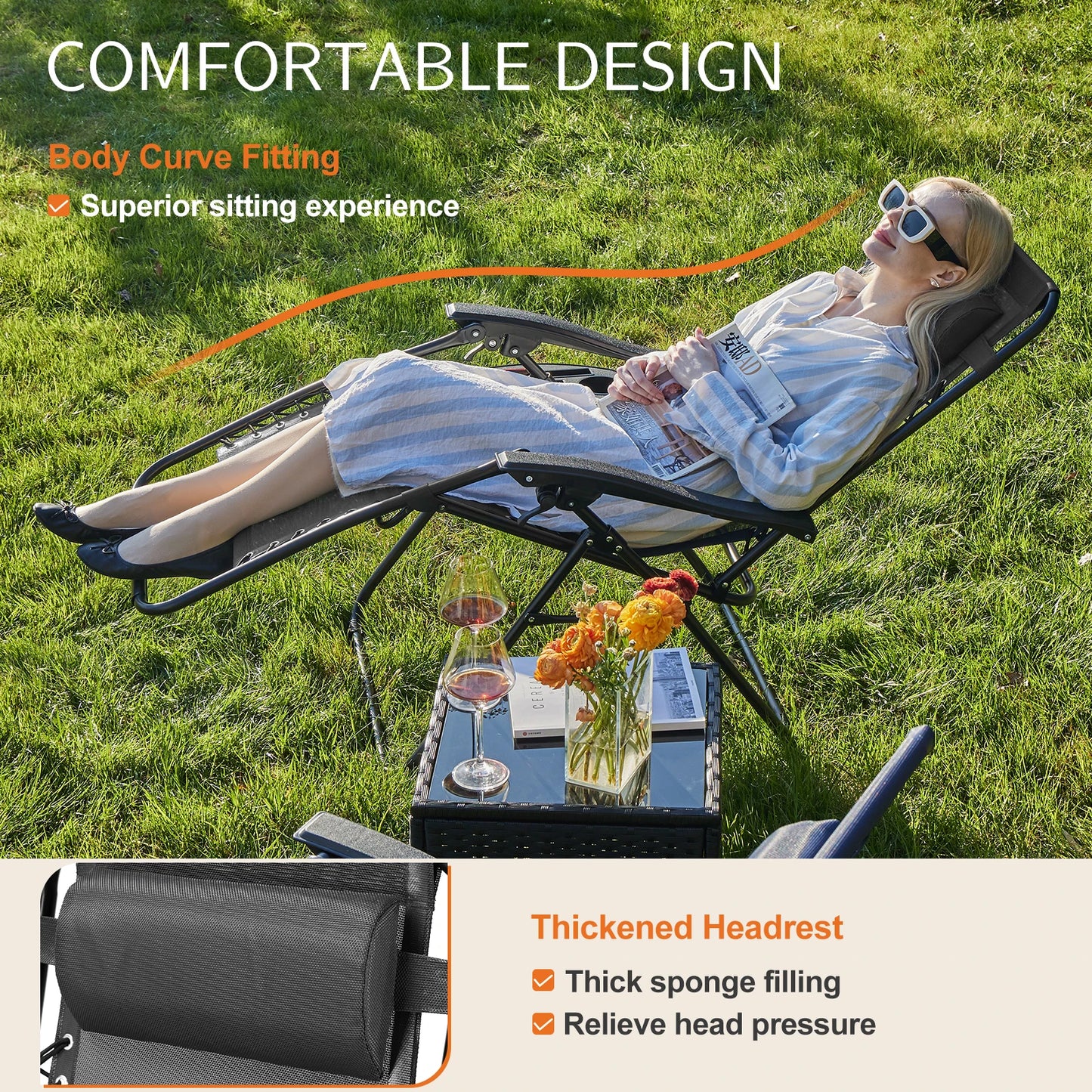 Zero Gravity Portable Recliner  with Cup Holder Trays Adjustable Pillow.