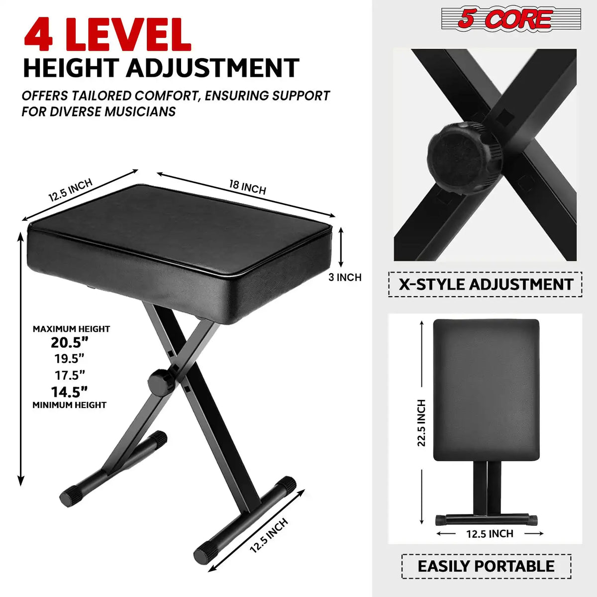 5 Core Keyboard Stand Double X Style Adjustable Piano Riser + Keyboard Piano Bench .