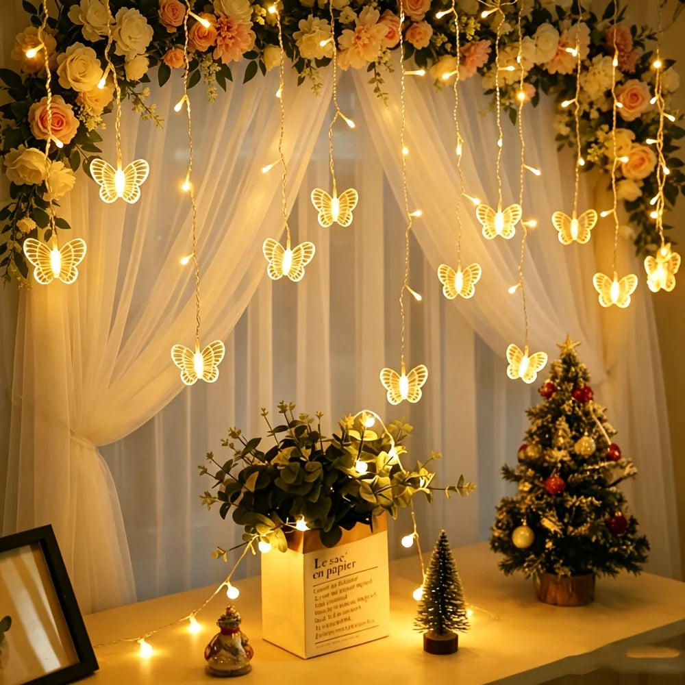 19.05ft Warm White USB- Curtain Lights with 8 Lighting Modes & Multi-Shape String Lights Suitable .(No Curtain Included)