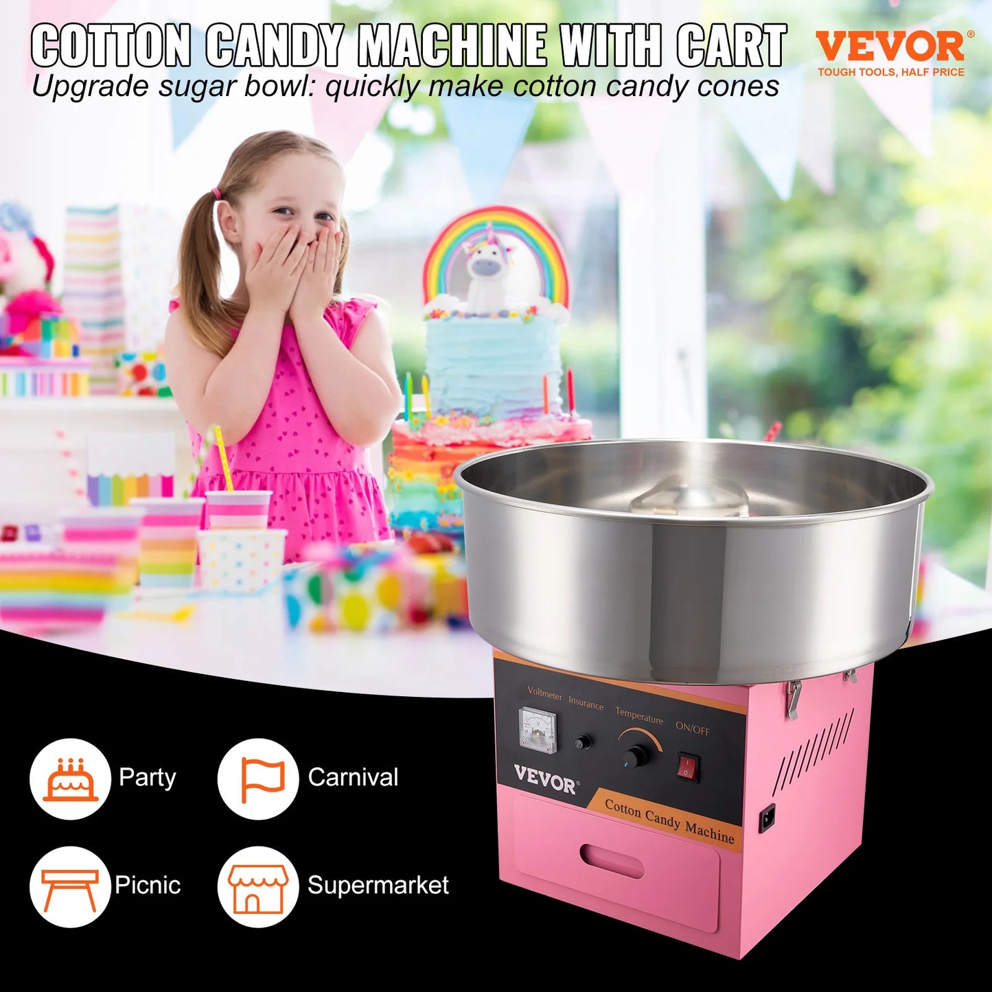 Electric Cotton Candy Machine Commercial Floss Maker w/ Stainless Steel Bowl Sugar Scoop and Drawer .
