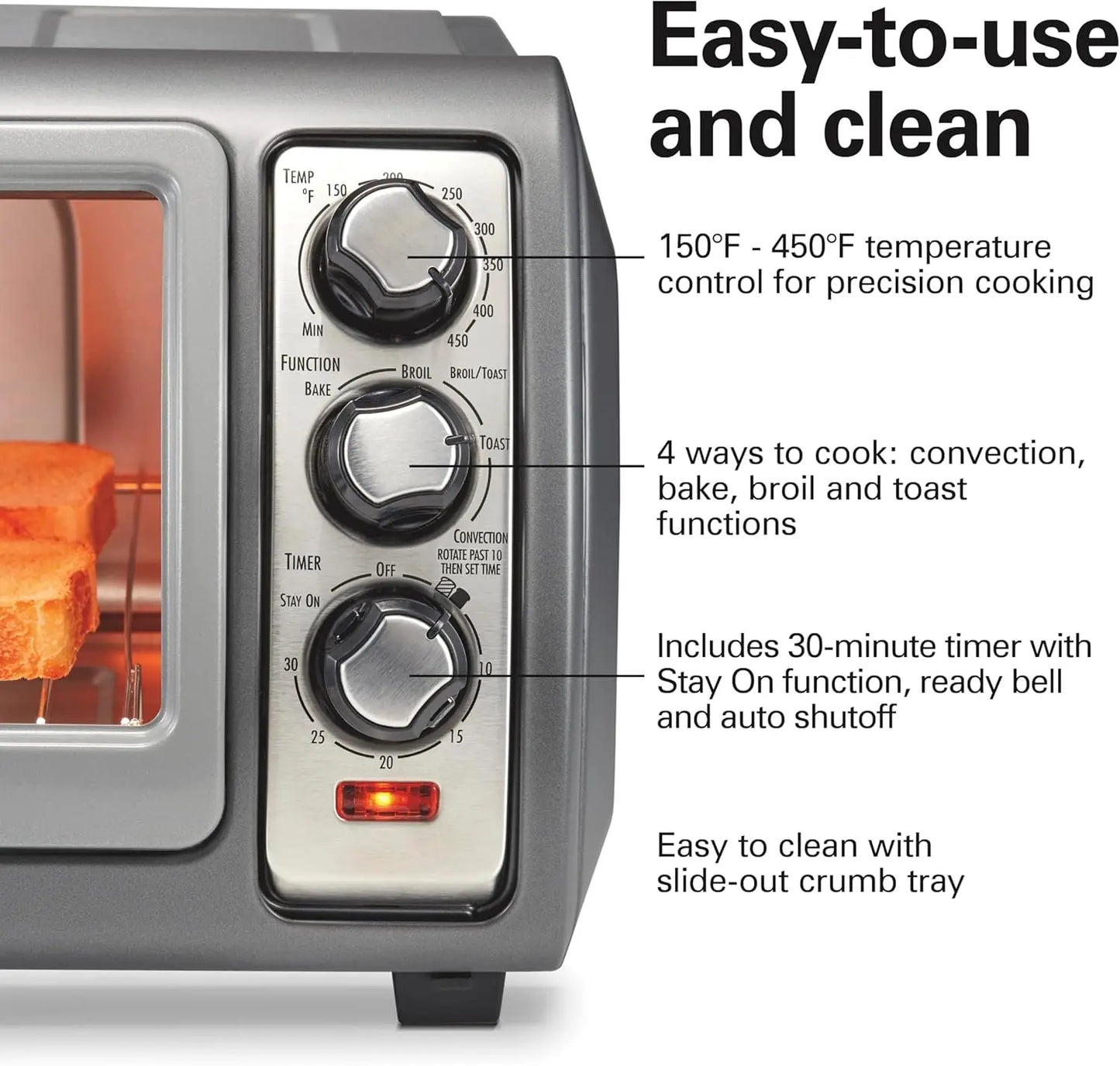 6 Slice Convection Toaster Oven With Easy Reach Roll-Top Door., Auto Shutoff, Silver.