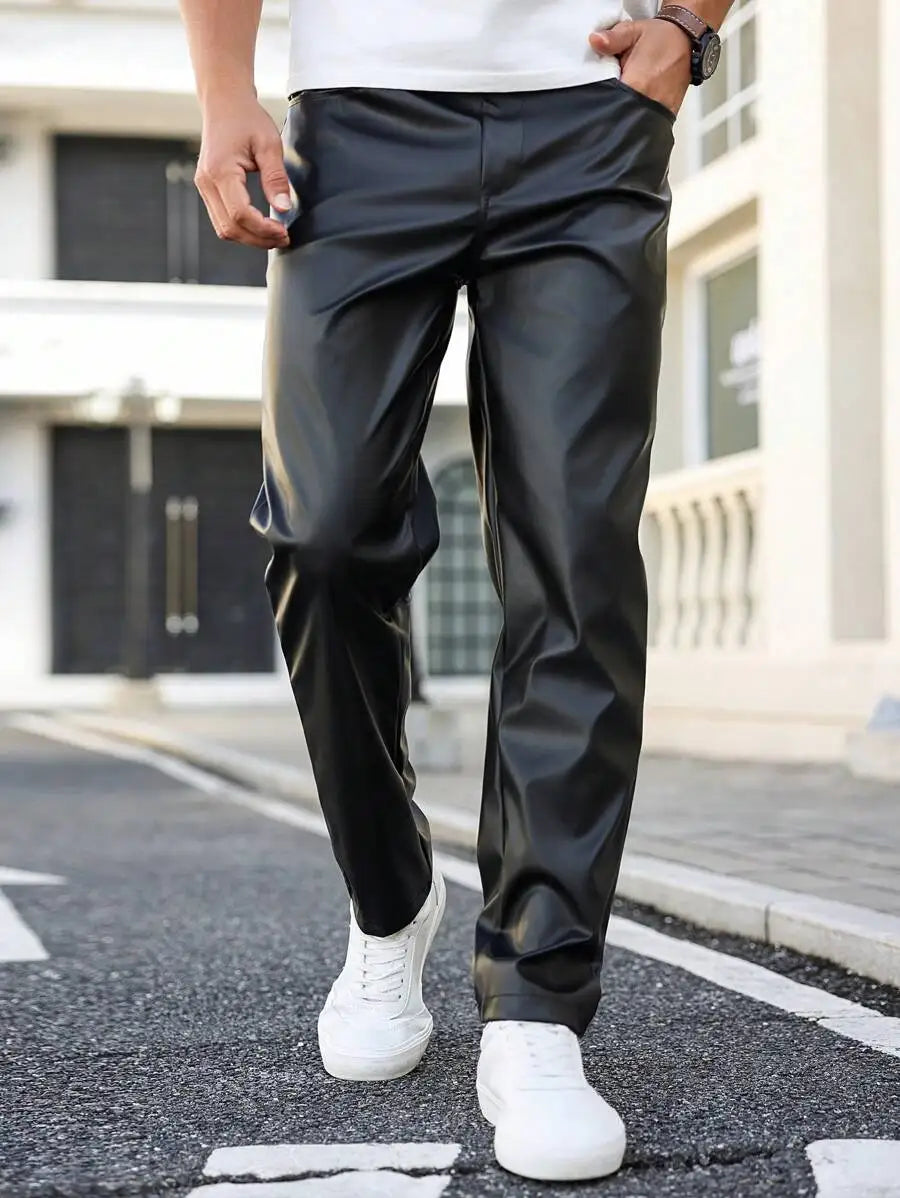 Manfinity Homme Men's Solid Front Button Pocket Casual Leather Pants,.