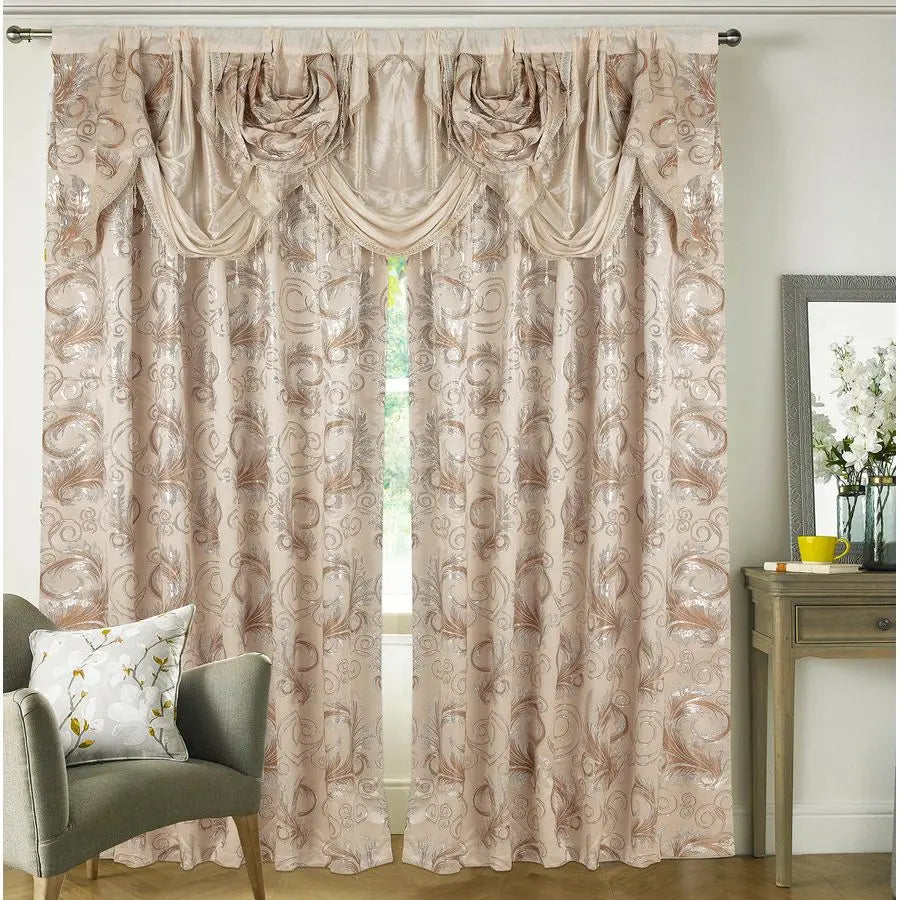 Jacquard Luxury Window 2 Panel Set Beige Curtain with Attached Valance and Backing  2 Curtains 55x84