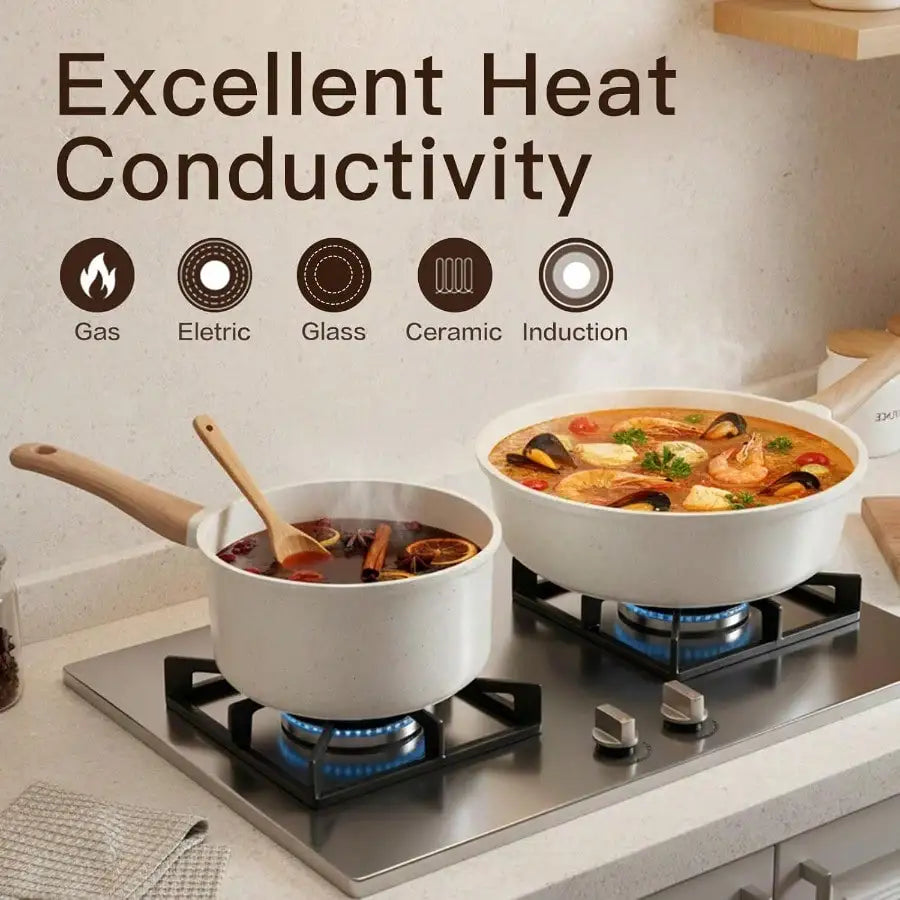 Pots And Pans Set Non Stick 22 Pcs Ceramic Cookware Sets Nonstick . With Lid Cream White Granite Induction Compatible .