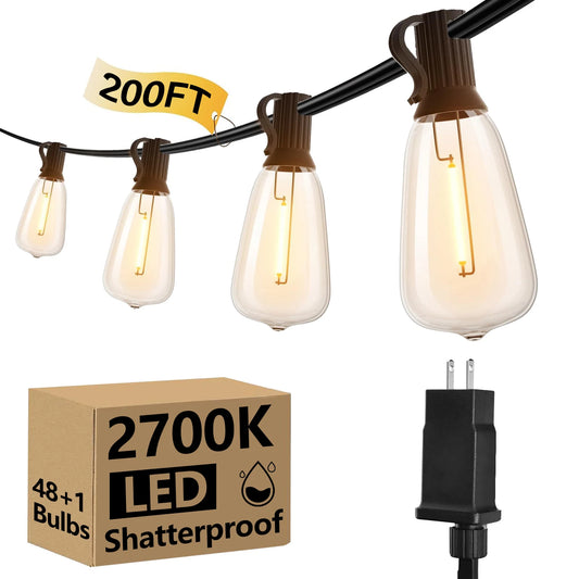 200FT ST38 LED Globe String Lights, 48 E12 Bulbs 2700K Warm White. with Hooks & Replaceable Shatterprof