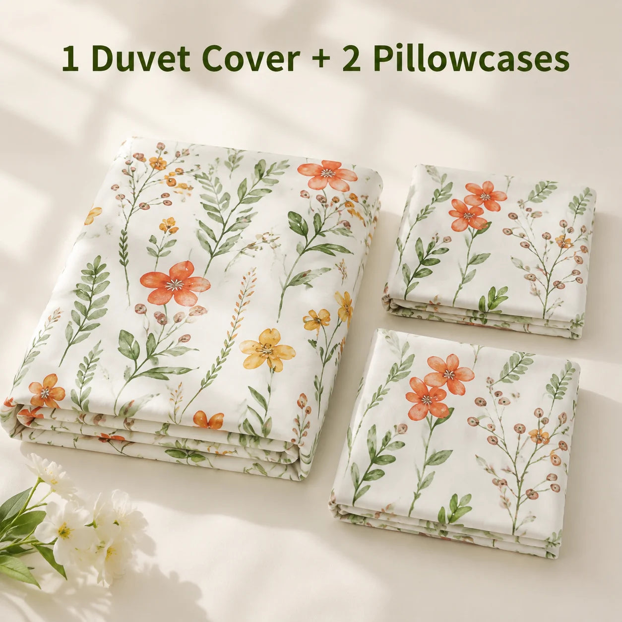 Botanical Floral Duvet Cover Set, Green White Bedding Set, Soft Plant Print Bed Cover with Pillowcases, .