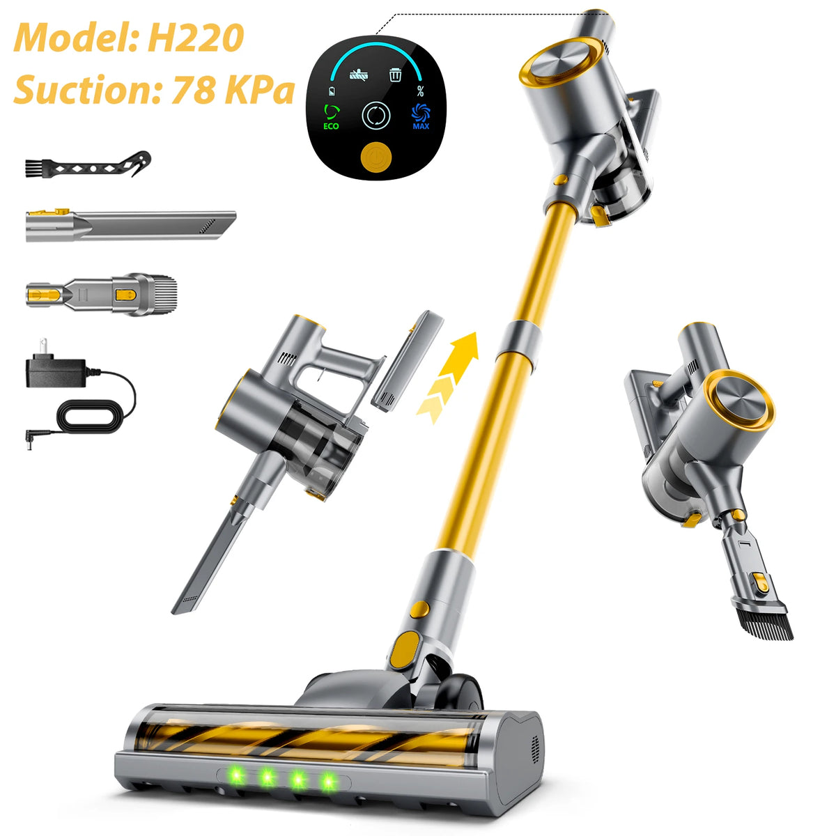 78KPa Powerful Cordless Vacuum Cleaner LED Display 45Mins Self Standing Stick Vacuum 1.5L Large Dust Cup .
