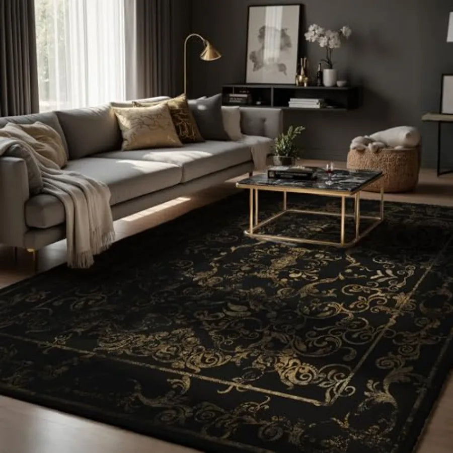 Dark Baroque Gold Black Area Rug 8x10 Intricate Filigree Design
