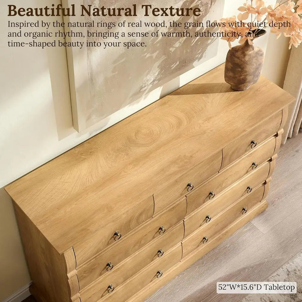 Vintage 52 Wide Chest with Curved Fronts and Retro Ring Pulls, Light Walnut Wood Storage for Living Spaces