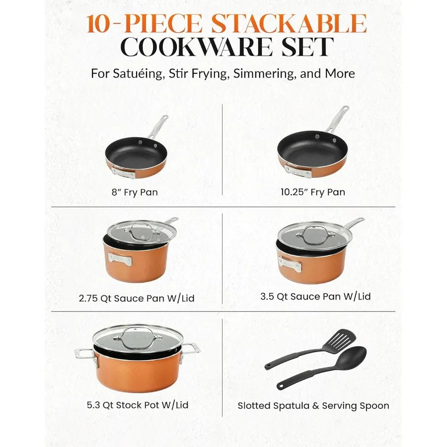 Stackable Pots and Pans Stackmaster 10 Piece Cookware Set with Ultra Nonstick Cast Texture Ceramic Coating Copper