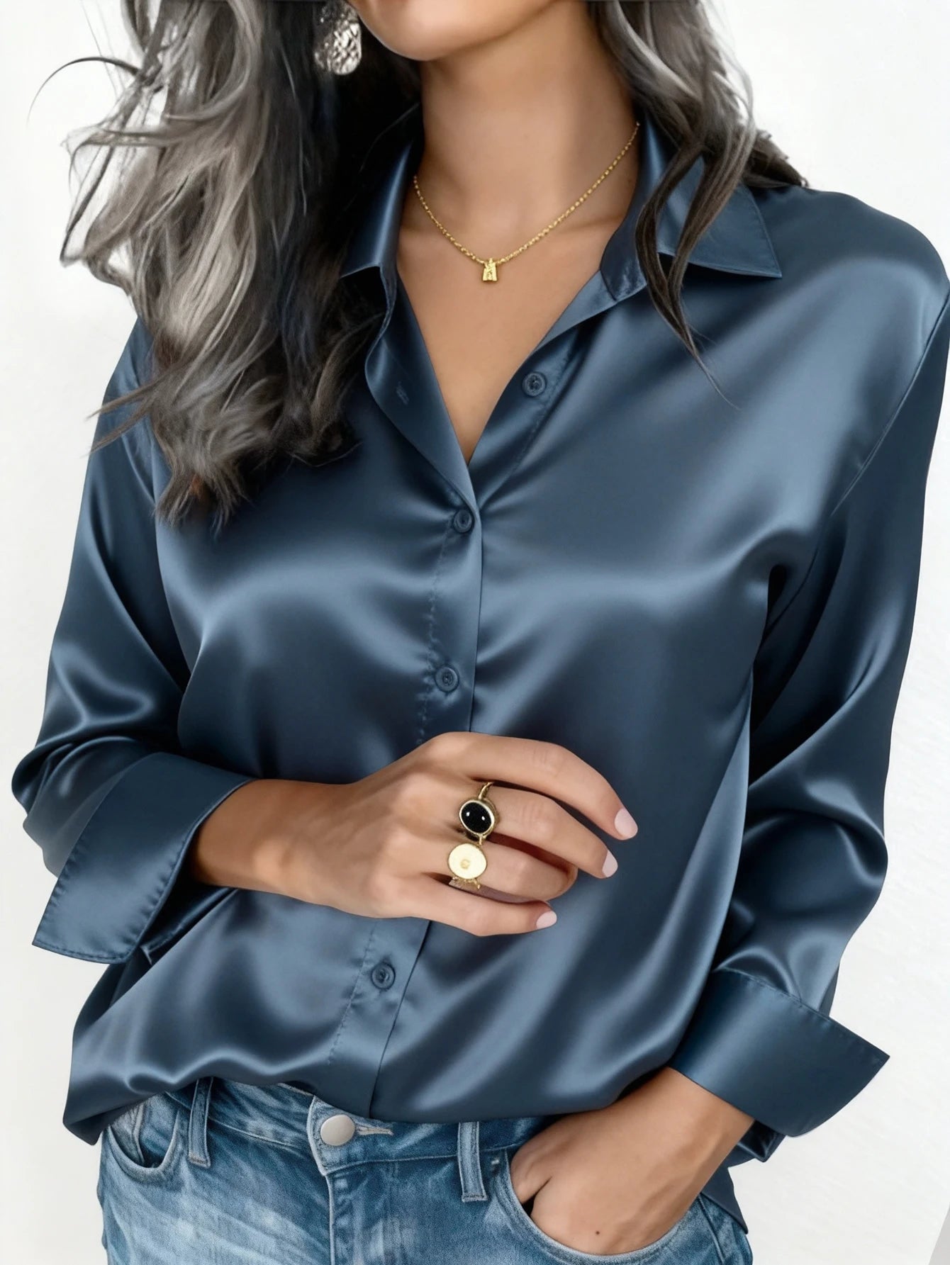 Women's Satin Button-Up Blouse, Apparel