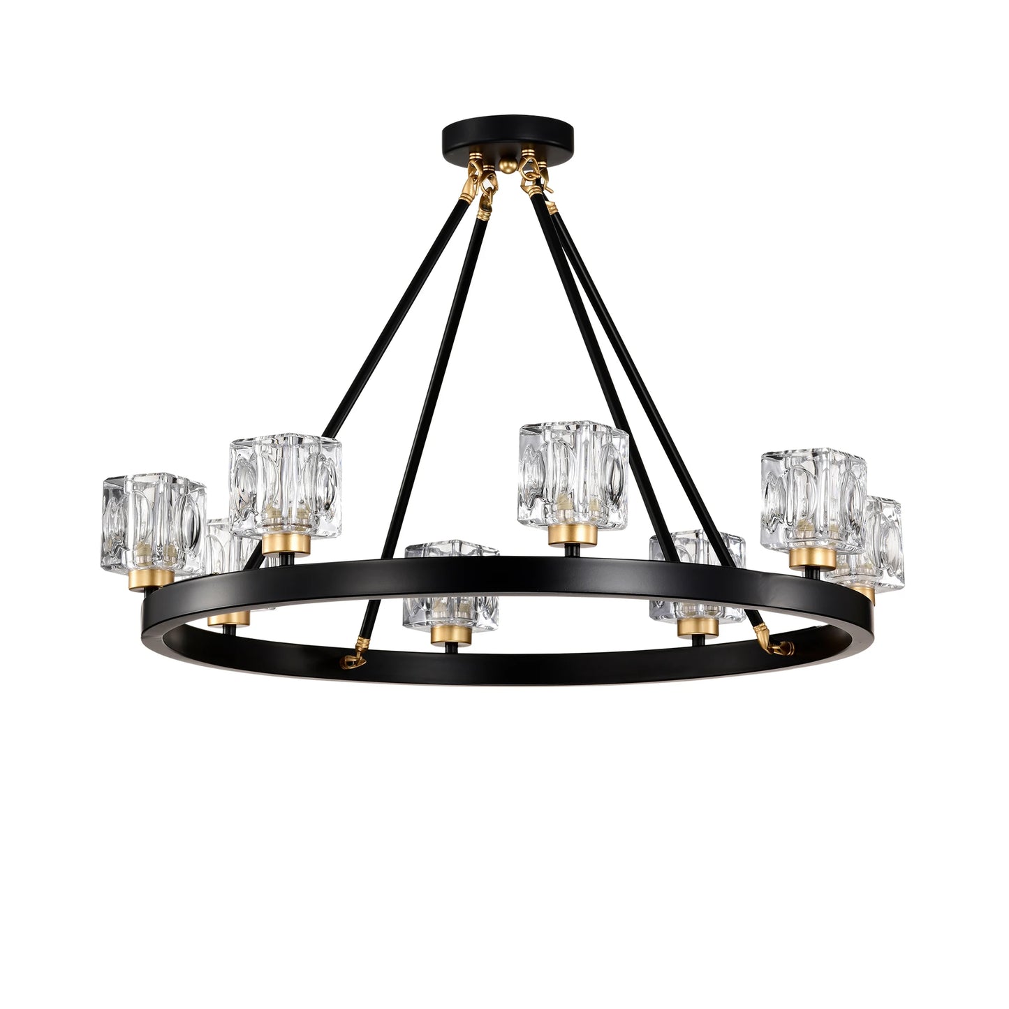 Matte Black + Gold Wagon Wheel Chandelier Farmhouse Modern Small Crystal Round Chandelier for Living Room Kitchen Island Foyer H