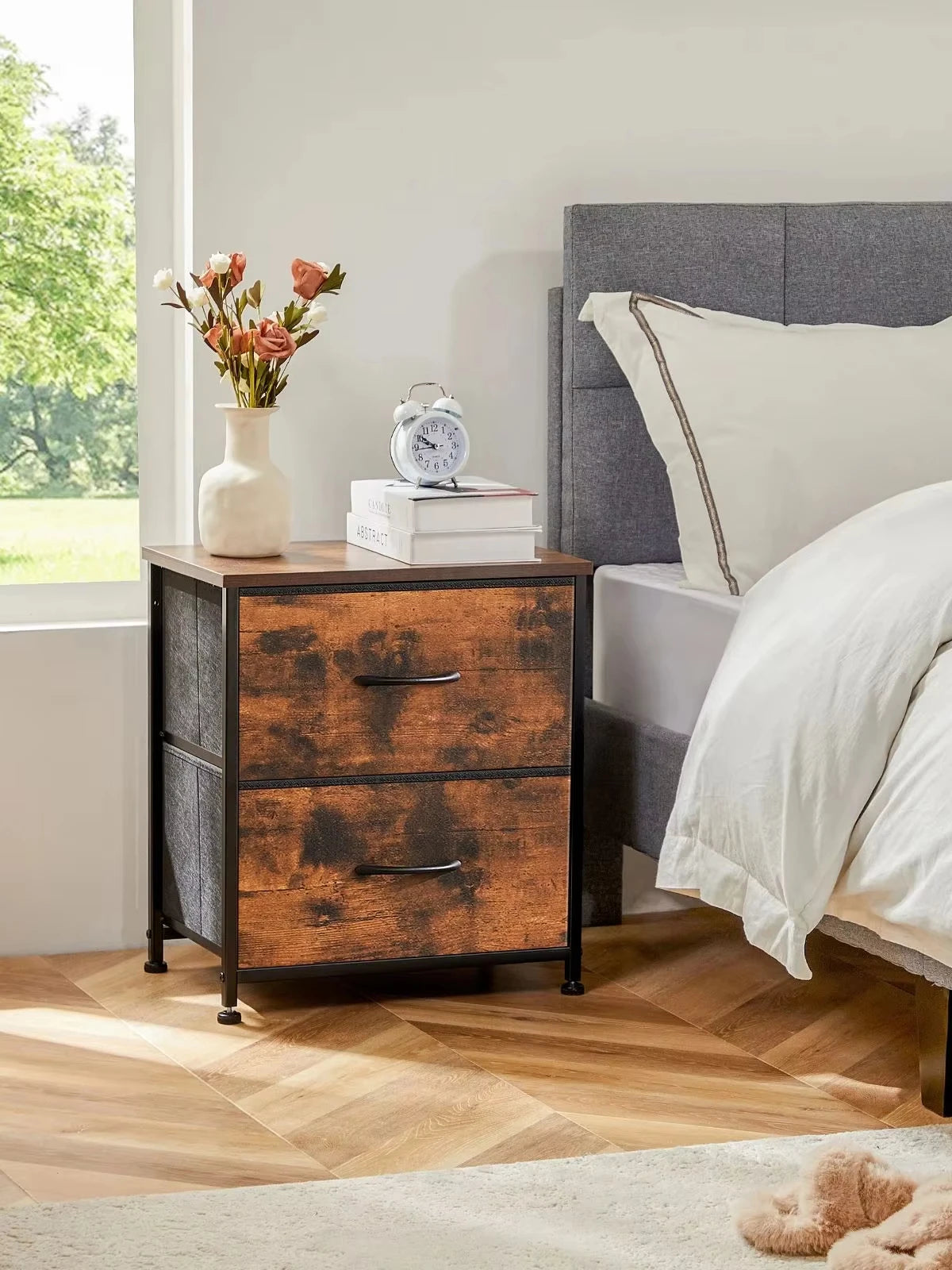 Nightstand Bedside Table Storage Closet Chest 2 Fabric Drawers