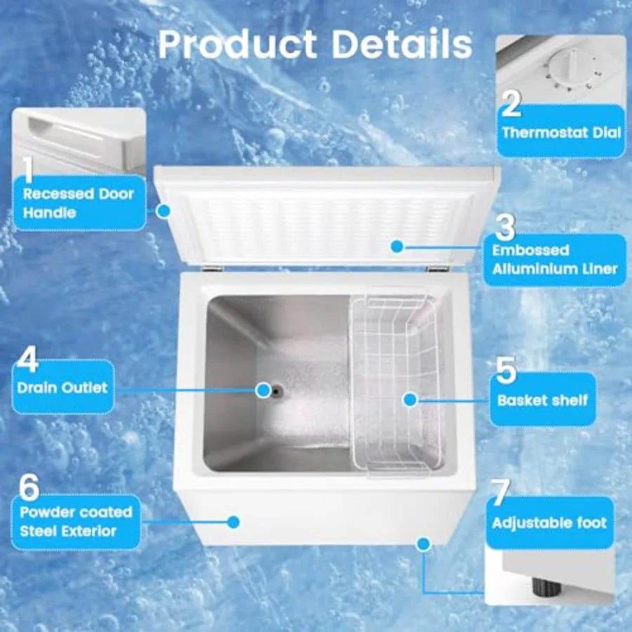 Deep Freezer 3.5 Cu.Ft Chest Freezer with Steel Body, White Finish, 2 Removable Baskets Adjustable 7-Level Temperature Control
