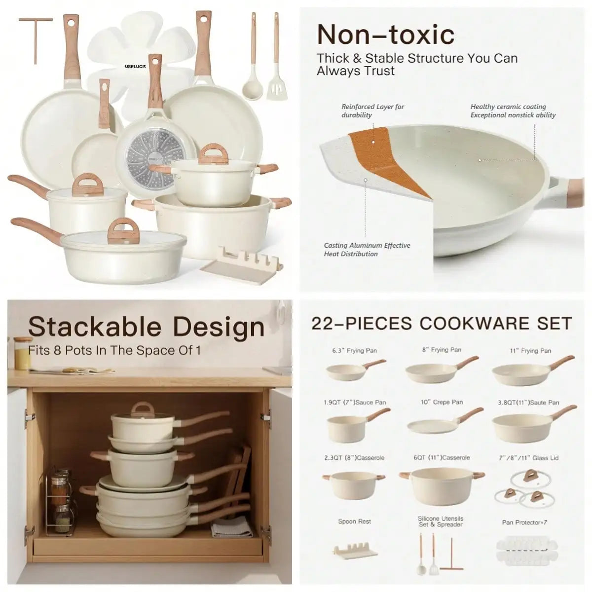 Pots And Pans Set Non Stick 22 Pcs Ceramic Cookware Sets Nonstick . With Lid Cream White Granite Induction Compatible .