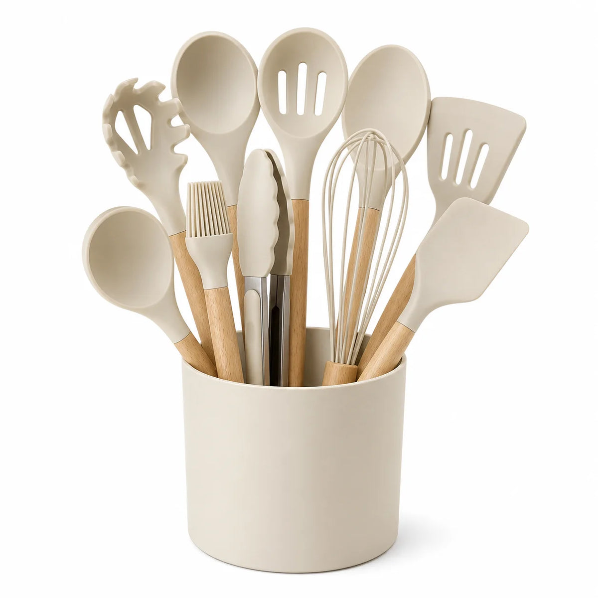Silicone Kitchen Utensil Set with Holder, Beige Wooden Handle.