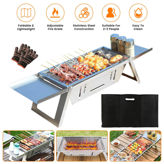 Foldable Charcoal BBQ Grill Stainless Steel Grill. Tabletop Barbecue Grill