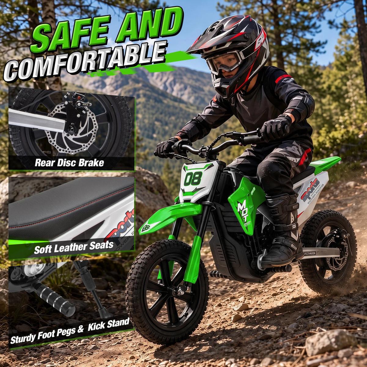 24V Kids Electric Dirt Bike, Powerful Motor 14MPH Ride‑on Motorcycle for Kids, 3‑Speed Adjustable with Disc Brake & Shock Absorption,