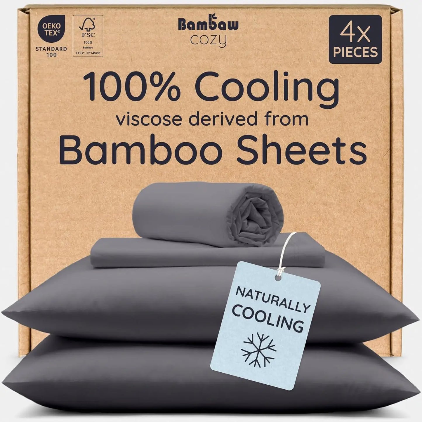 Bamboo Sheets Queen Size Set 4pcs Cooling Bed Sheet. Fits 16'' Mattress Charcoal