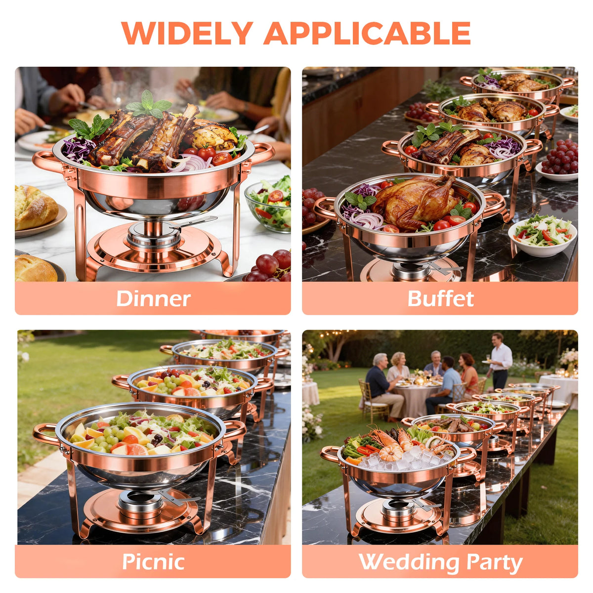 Chafing Dish Set Gold-Plated 5QT Round Warmer Server Stainless Steel 316 with Glass Lids .