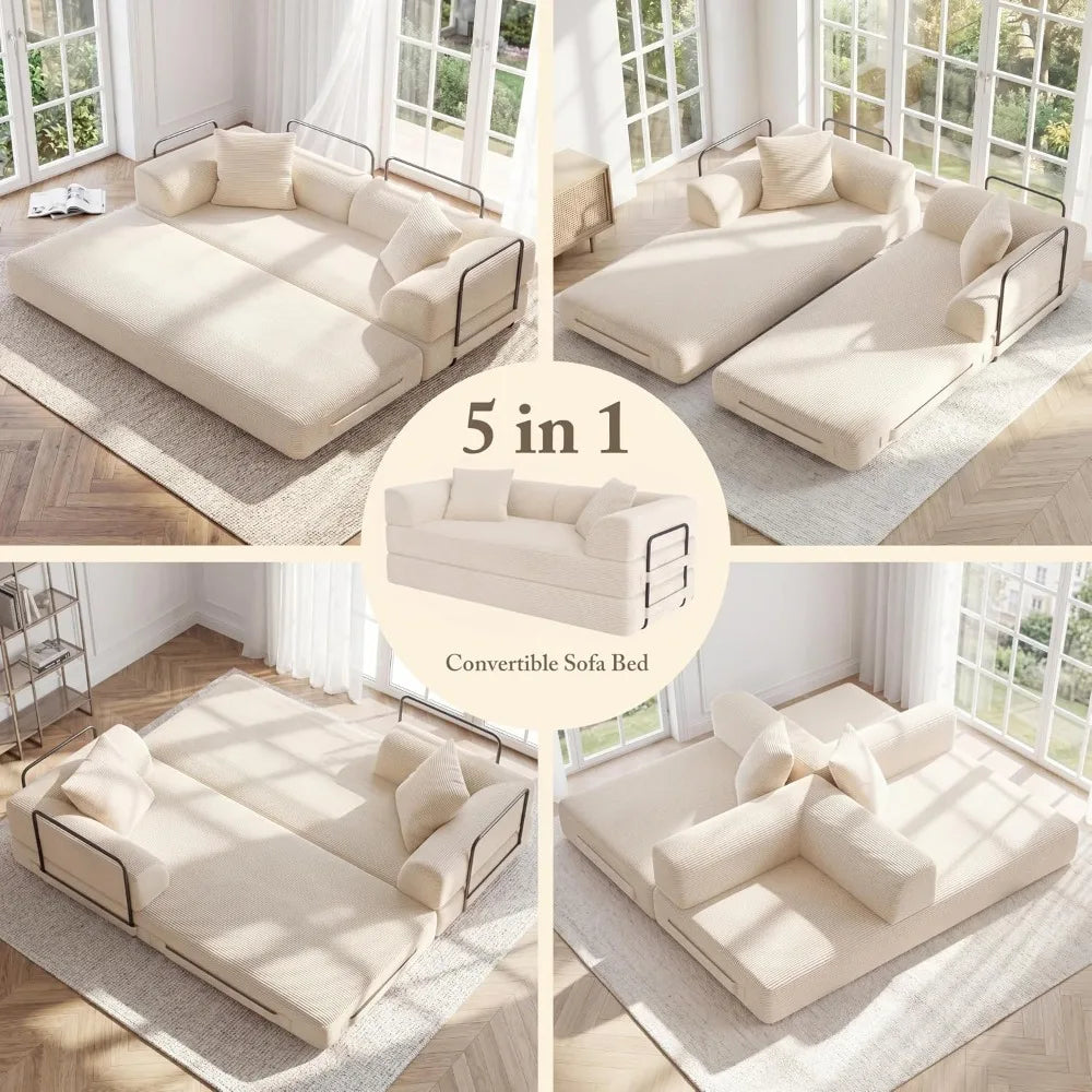 70" Convertible Floor Sofa Bed - 5-in-1 Foldable Couch with High-Density Sponge, Corduroy Fabric (Beige)