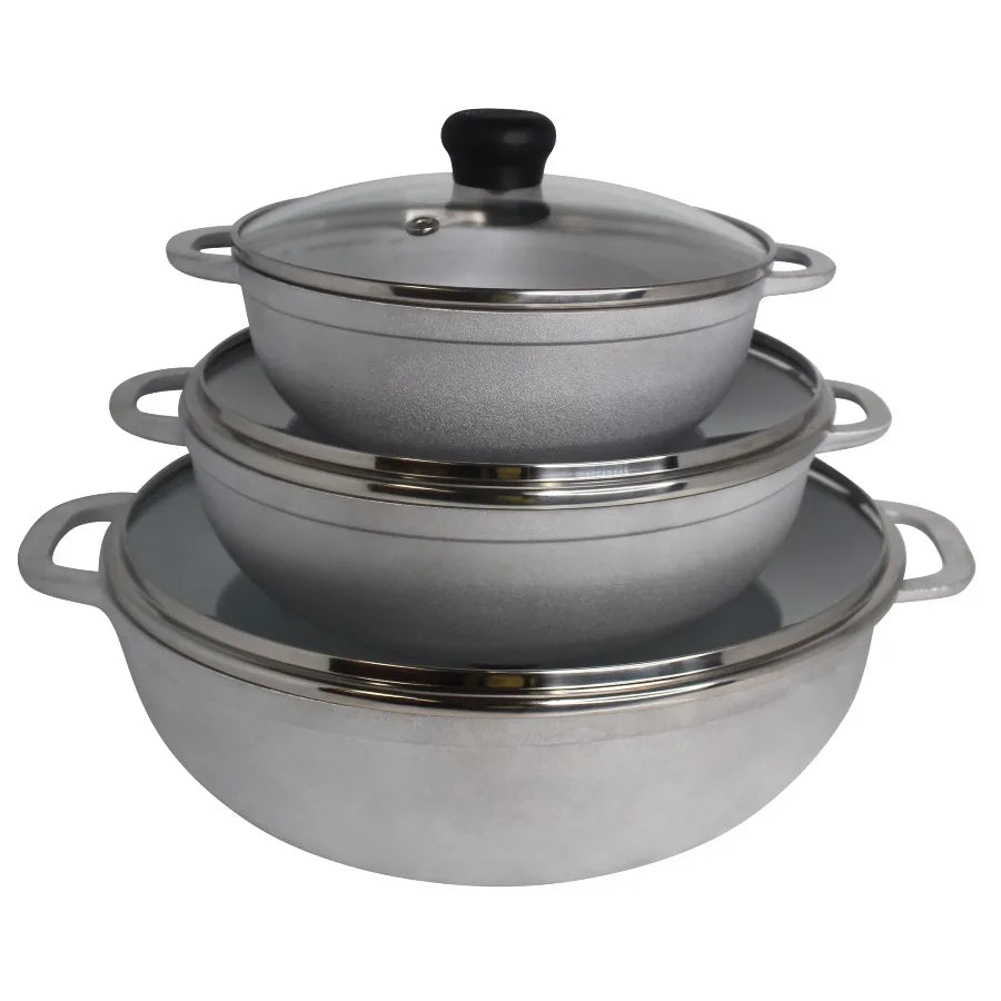1.5/2.5/5.2qt Cast Aluminum . 3pc Set with Glass Lid - 18/22/28cm Tempered Glass Lid, Riveted Handle.