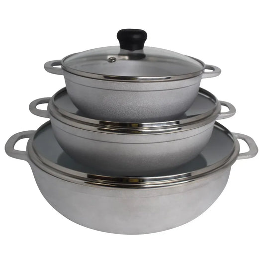 1.5/2.5/5.2qt Cast Aluminum . 3pc Set with Glass Lid - 18/22/28cm Tempered Glass Lid, Riveted Handle.