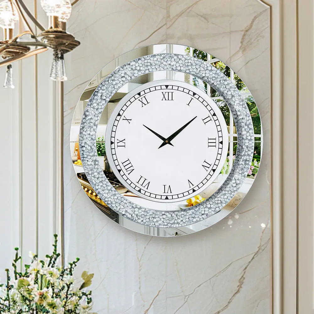 Large Mirror Wall Clock with Crushed Diamond Edge, Sparkling Bling Bling Crystal Round Clock. Luxury Glamorous Home Decor, Silent Non-Ticking Quartz, .