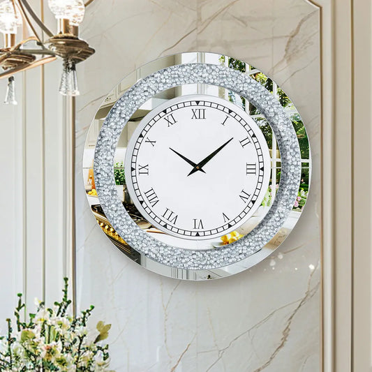 Large Mirror Wall Clock with Crushed Diamond Edge, Sparkling Bling Bling Crystal Round Clock. Luxury Glamorous Home Decor, Silent Non-Ticking Quartz, .