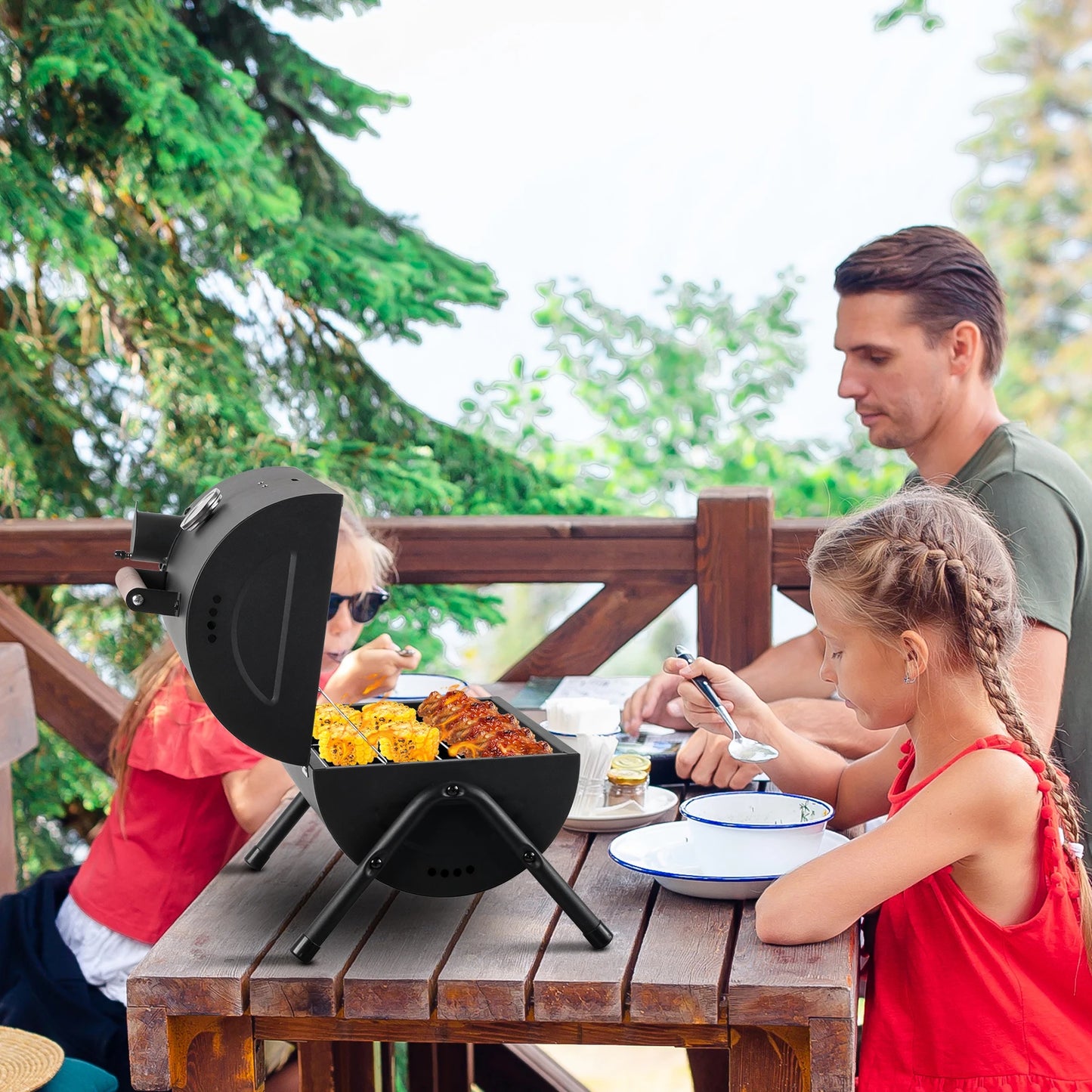 Portable Charcoal Grill with Thermometer and Wooden Handle Compact Tabletop.