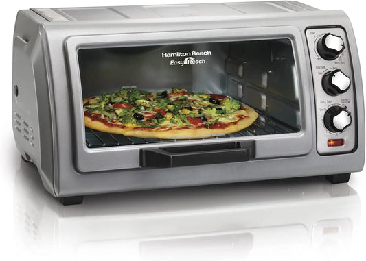 6 Slice Countertop Toaster Oven With Easy Reach Roll-Top Door, Bake, Broil & Toast Functions, Auto Shutoff, Silver .