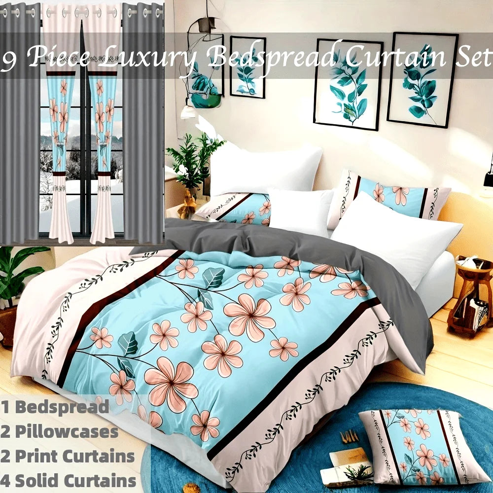 9 Piece Luxury Bedspread And Curtain Set Purple Floral Microfiber All Season