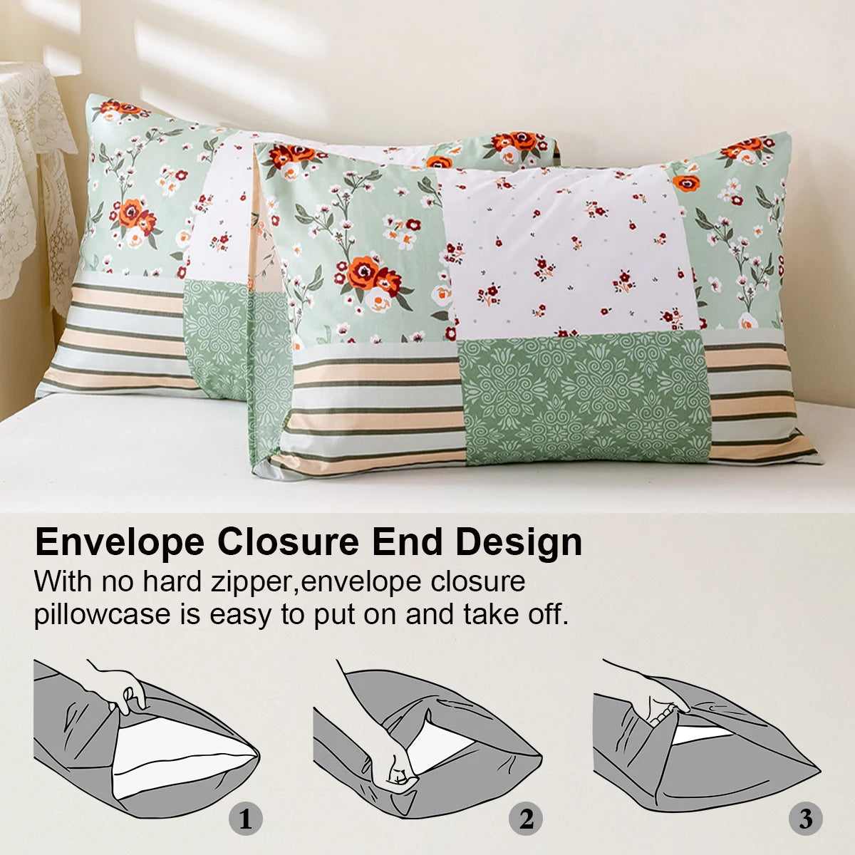 Green Patchwork Printed Duvet Cover Set,., Suitable for All Seasons, Includes 1 Duvet Cover and 1-2 Pillowcases