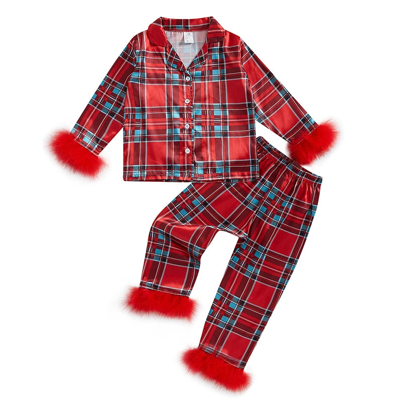 2024-08-02 Lioraitiin Toddler Baby Girl 2Pcs Christmas Pajamas Long Sleeve Feather Trim Shirt + Pants Set Sleepwear