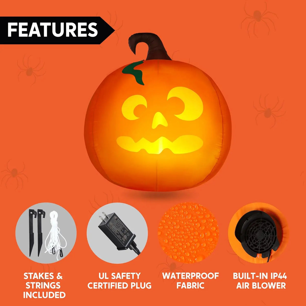 5 Ft Tall Pumpkin with Projector Face and Music Halloween Inflatable Pumpkin Outdoor Decoration Blow Up Yard Decorations with LEDs.