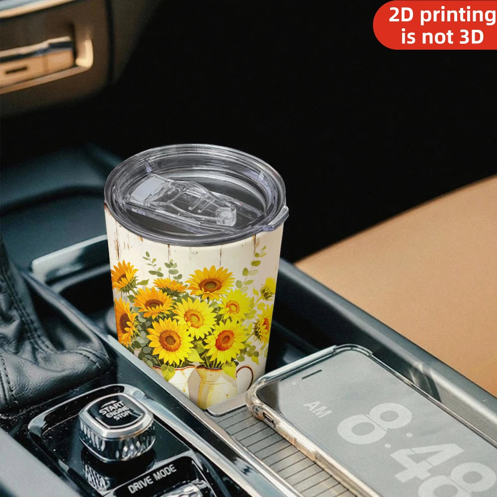 20oz Farmhouse Sunflower Pitcher Printed Stainless Steel Tumbler with Lid and Straw, Rustic White Wood Yellow Floral Bouquet Country Cottage .