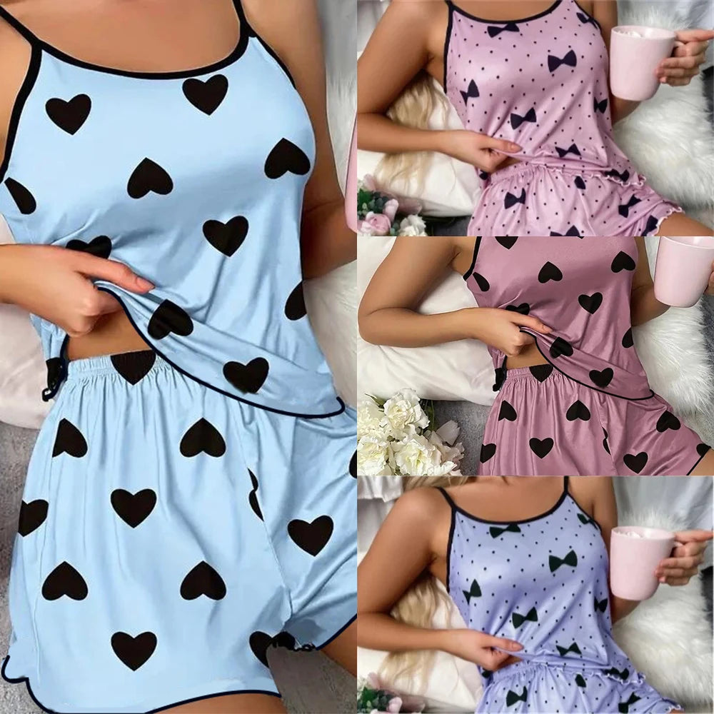 Ice Silk Pajamas for Women, Cute Heart Print Short Sleeve Sleepwear Set