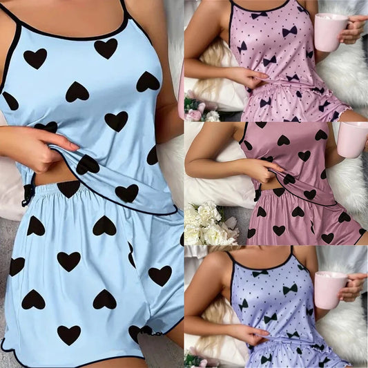 Ice Silk Pajamas for Women, Cute Heart Print Short Sleeve Sleepwear Set