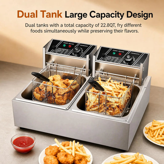 Commercial Deep Fryer, 3400W Electric Countertop Fryer with 2 Baskets & Lids, 22.8QT Dual Tank Stainless Steel .