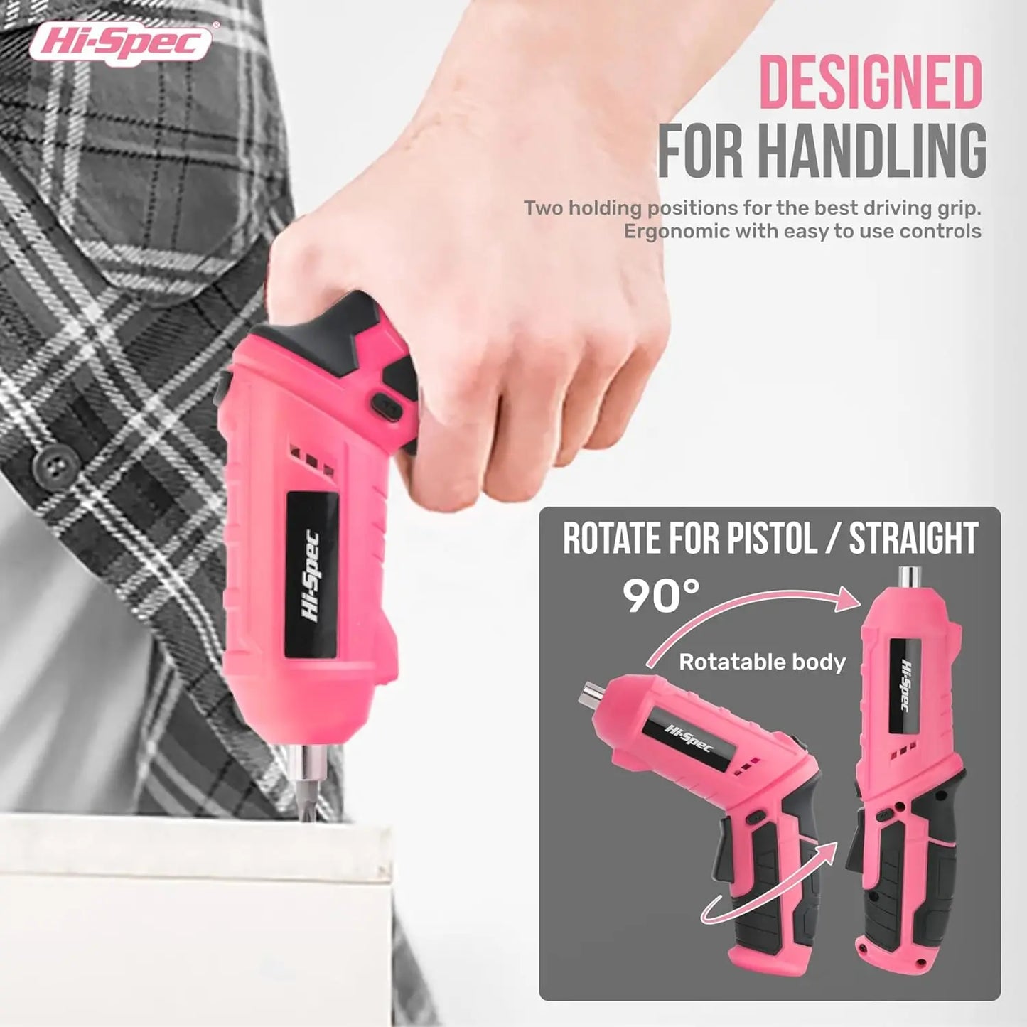 42pc Pink Cordless Power Screwdriver & Household Tool Kit with USB Rechargeable Electric Driver.