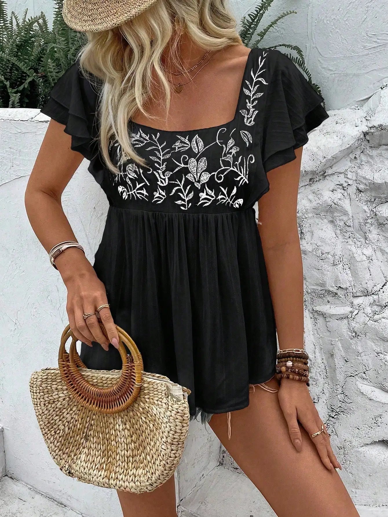 Women's Summer Square Neck Embroidered Short Sleeve Peplum Top
