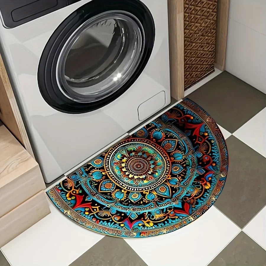 A bohemian mandala semi-circular floor mat,